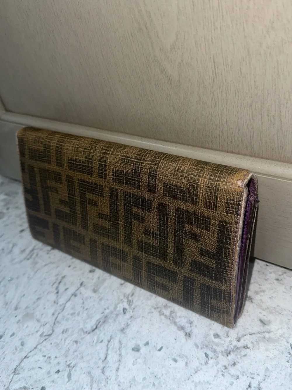 FENDI ZUCCA CONTINENTAL TOBACCO WALLET PURPLE INTERIOR —AUTHENTIC—